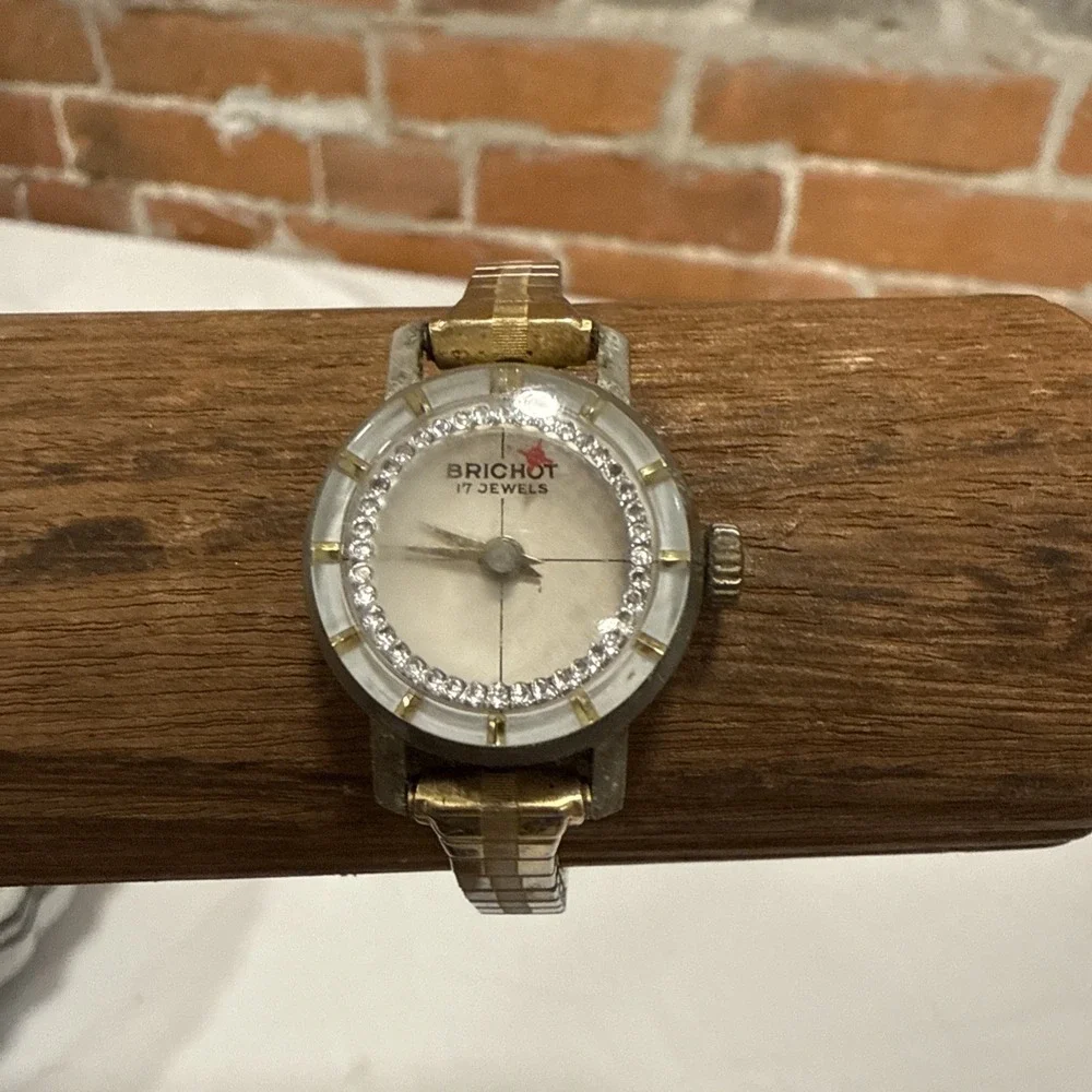 Vintage BRICHOT Watch Womens‎ Silver Tone Stainless Steel Rhinestones Dial 60's